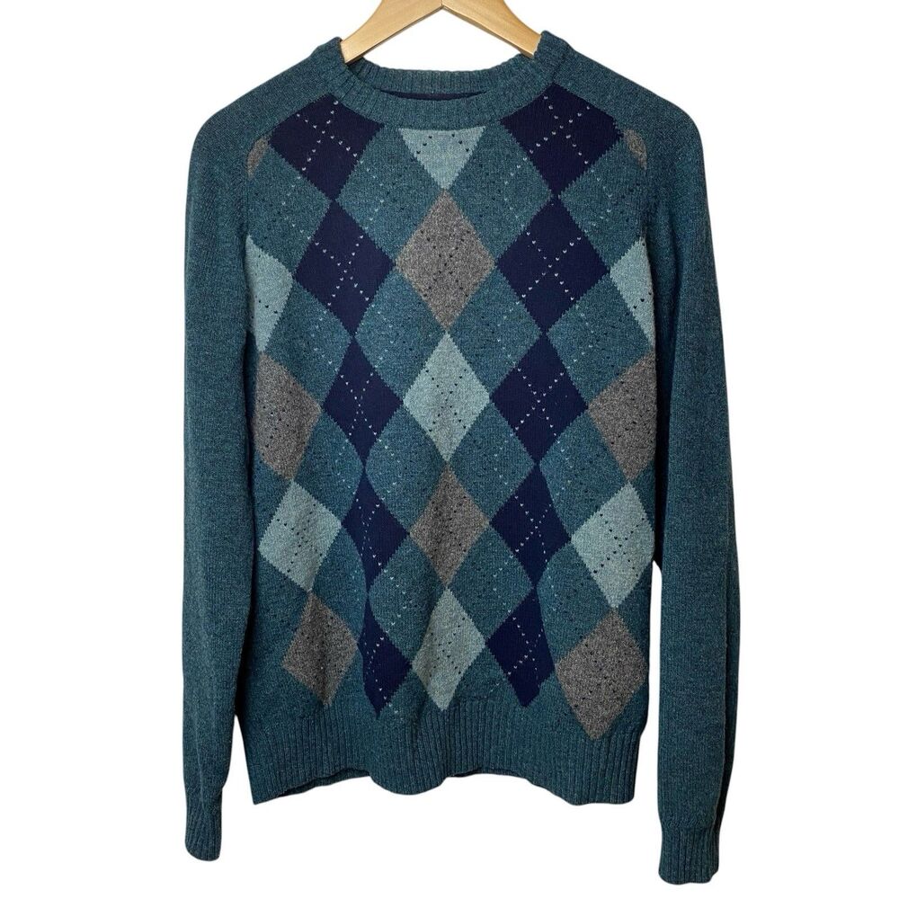 Lands End Mens 100% Wool Argyle Sweater Teal Crewneck Diamond Size M Preppy